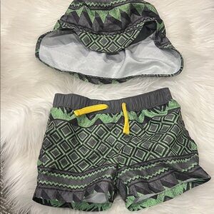 Tucker + Tate Green and Gray Geometric Swim Trunks and Matching Sun Hat